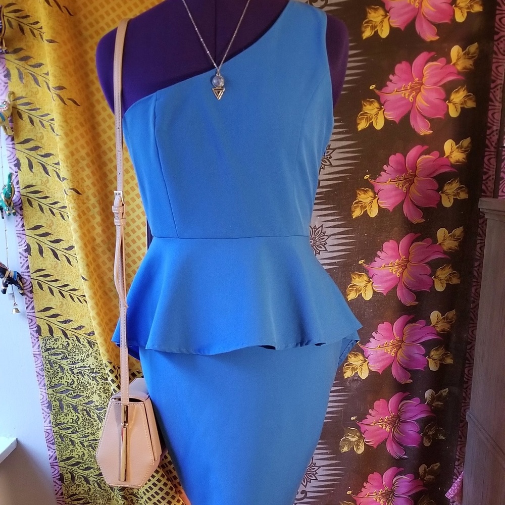 One Shoulder, Sky Blue, Peplum Semi Formal Dress